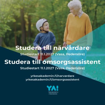 Funderar du på att byta bransch? Eller jobbar du redan inom vården eller på ett daghem, men saknar formell behörighet? Sök nu! Som vuxenstuderande har du goda möjligheter att studera vid sidan av deltidsjobb.
 
En närvårdare har ett omväxlande, människonära och ansvarsfullt arbete. Närvårdarens arbetsfält är brett.
Som omsorgsassistent arbetar du med assisterande vård- och omsorgsuppgifter på serviceboenden och inom äldreomsorgen.
 
Utbildningarna förverkligas som flerformsstudier i nära samarbete med arbetslivet, med närstudier 1-3 dagar per vecka samt utbildningsavtal och/eller läroavtal. Studietiden för närvårdare är i medeltal 2-3 år och för omsorgsassistenter ca 1 år, eller enligt studerandes individuella studieplan.
 
Ansökan samt mera information om utbildningarna finns på www.yrkesakademin.fi/narvardare och www.yrkesakademin.fi/omsorgsassistent
 
För mer information kontakta:
📍Vasa: Jenny Haglund-Sten tel. 044-750 32 79 eller Jenny.Haglund-Sten@yrkesakademin.fi
📍Pedersöre: Birgitta Källberg tel. 044-750 3145 eller birgitta.kallberg@yrkesakademin.fi

#yaösterbotten