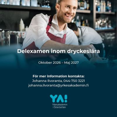 Är du intresserad av att lära dig mer om drycker och att kombinera mat och dryck?

I oktober 2026 startar en delexamen i dryckeslära där vi går igenom grunder om ölstilar, viner och drinkar (både med och utan alkohol) och hur man kombinerar smaker i mat och dryck till en perfekt upplevelse för kunden/gästen. Du får lära dig hur man provar vin och öl samt tekniker när man serverar drycker och dryckesblandningar.

Delexamen baserar sig på examensdelar ur Yrkesexamen i kundservice. Du avlägger yrkesprov i delen: Arbete i bar, 45 kp.

Du kan avlägga delexamen via läroavtal om du jobbar på restaurang. Under studierna har vi några närstudietillfällen vid YA i Vasa och gör studiebesök hos lokala bryggerier, barer samt jobbar med distansuppgifter.

Under utbildningen har du även möjlighet att avlägga serveringspass och uppdatera dina kunskaper gällande lagstiftningen kring servering av alkohol.

👉 Sök senast 5.10.2026 på www.yrkesakademin.fi/dryckeslara

Läs mer på webbsidan, eller kontakta Johanna Ilvoranta per epost: johanna.ilvoranta@yrkesakademin.fi